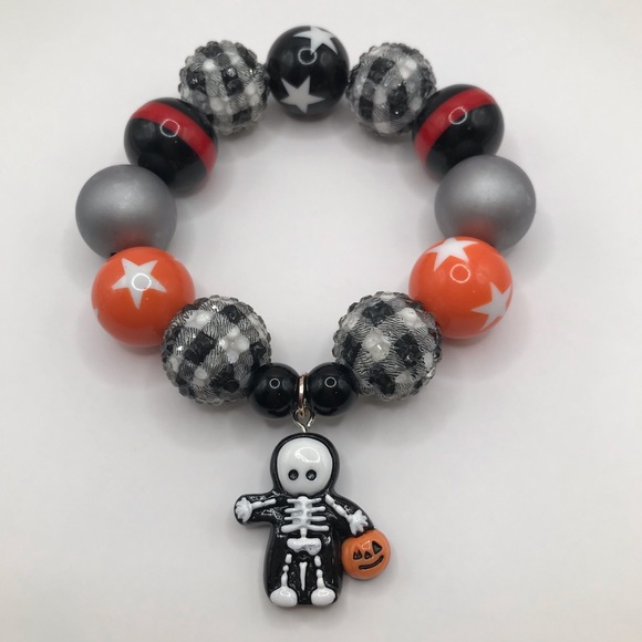 Hand Crafted Jewelry - Halloween Skeleton Trick or Treat Pumpkin Handmade Bubblegum Style Bead Bracelet